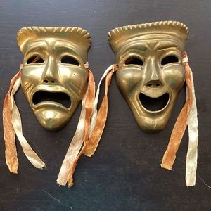 Antique brass masks Greek Comedy Tragedy acting theatre decor wall hangings two